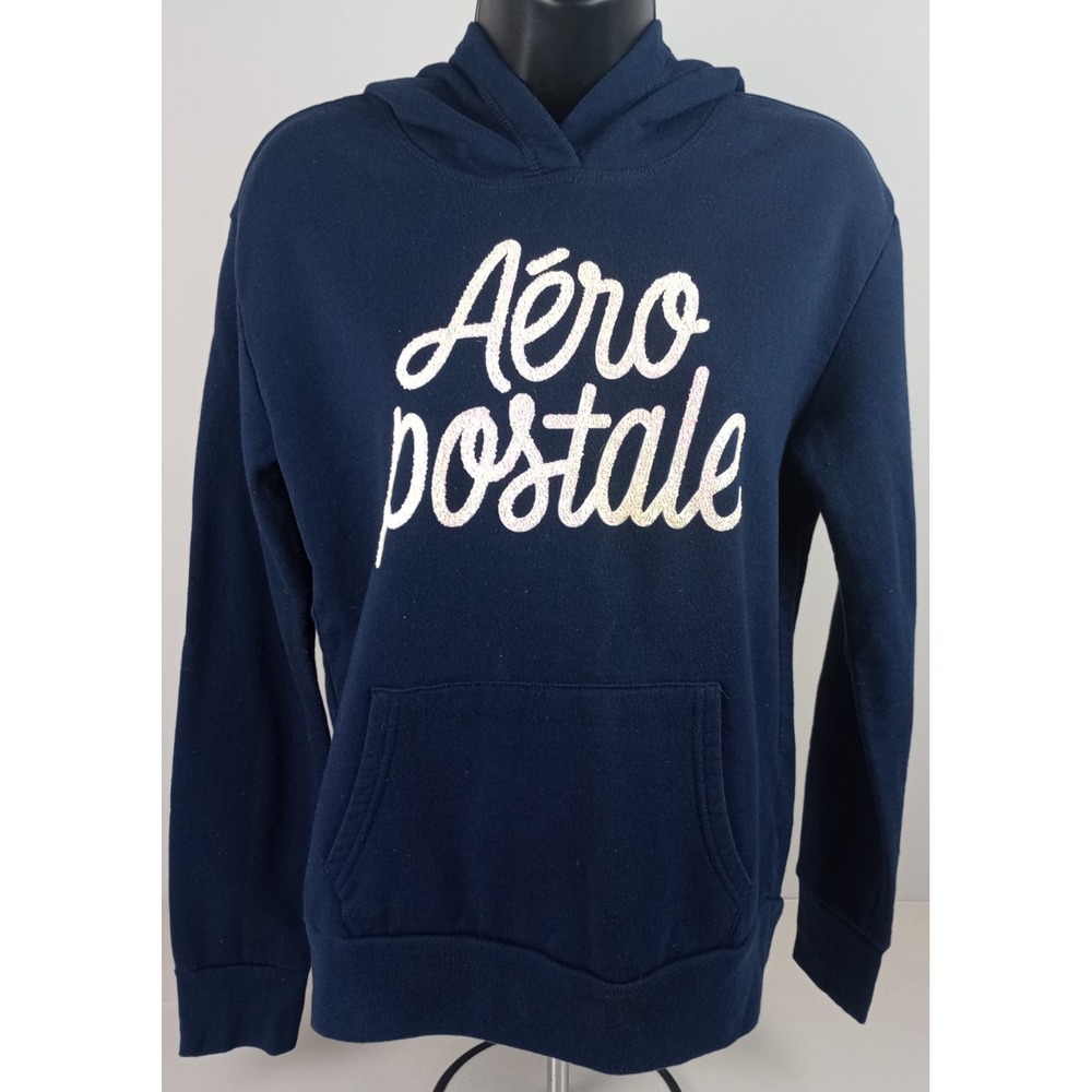 Y2K Aeropostale Women's‎ M Dark Blue Glitter Logo Long Sleeve Hoodie Sweatshirt